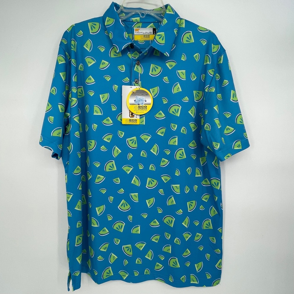 Nicklaus Mens‎ Golf Polo Shirt Blue Lime Print Short Sleeve Eco Choice Size L